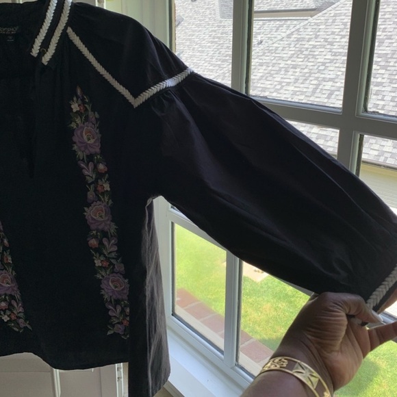 Topshop Embroidered Poplin Tie Neck Top - Picture 5 of 6